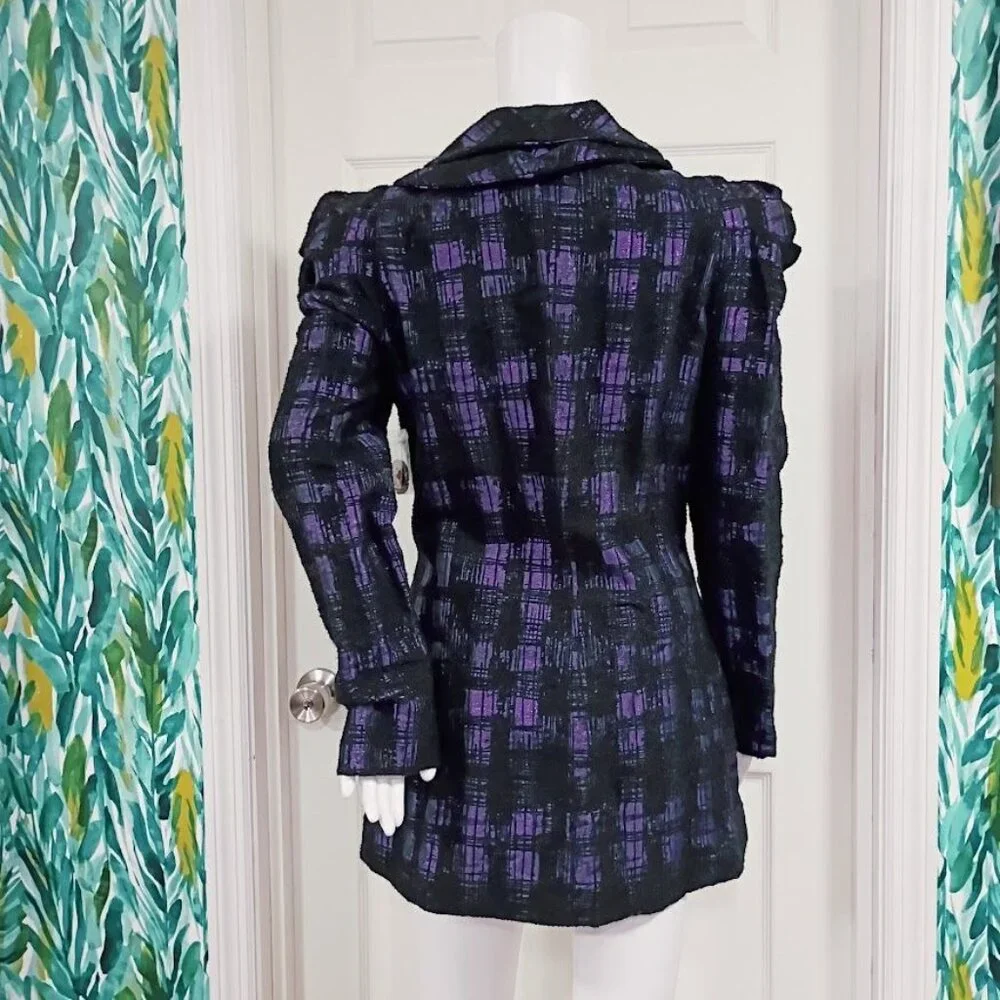 Samuel Dong Womens Purple & Black Plaid Puff Sleeve Coat Size S - Picture 4 of 16
